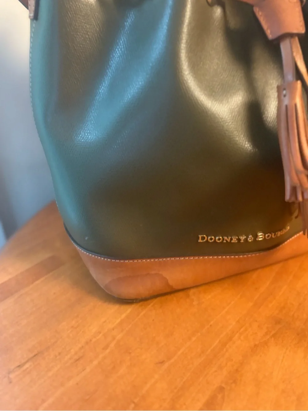 Dooney & Bourke Dark Green Leather Drawstring Bucket Bag with Tan Trim